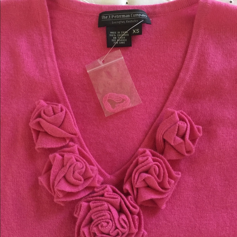 J. Peterman Pink Cashmere Sweater. Flowers.